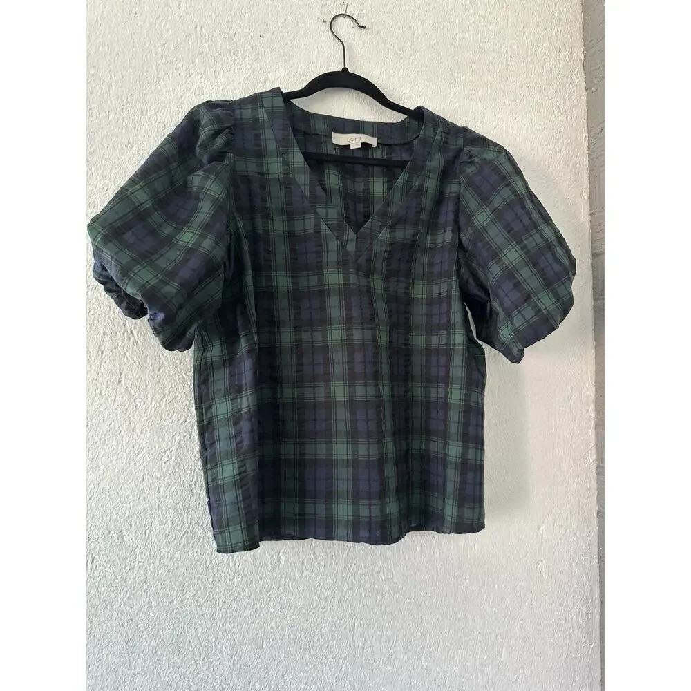 Loft Plaid Textured Tartan Green Blue Puff Short Sleeve Blouse V-Neck Sz Medium